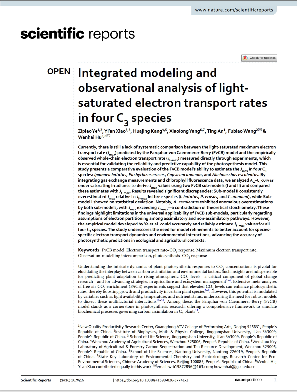 IntegratedmodelingandobservationalanalysisoflightsaturatedelectrontransportratesinfourC3species