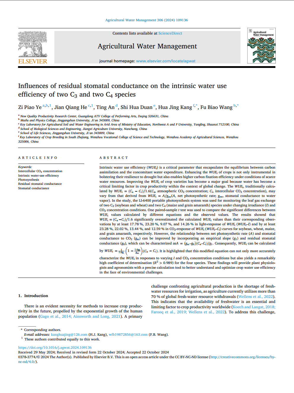 Influences of residual stomatal conductance on the intrinsic water use
